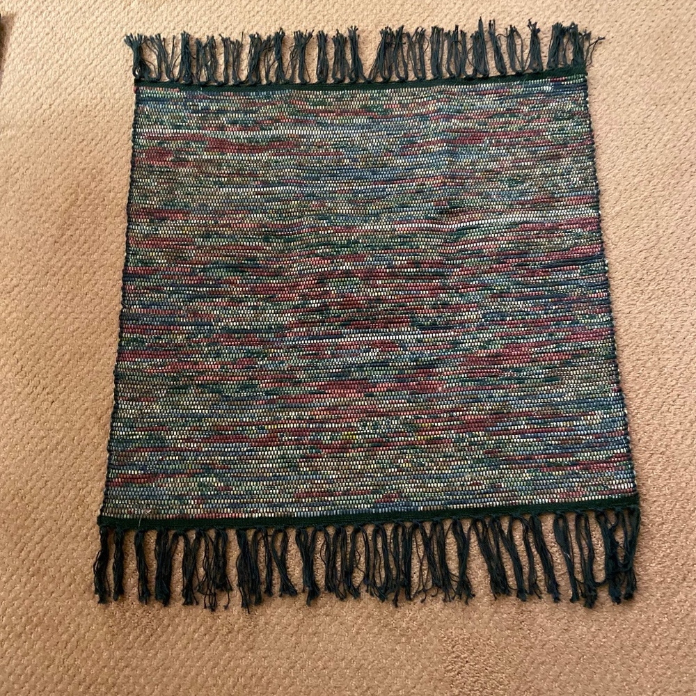 Unused, Small, Handmade Rag Rug; Green; 24” x 25” Plus Fringes